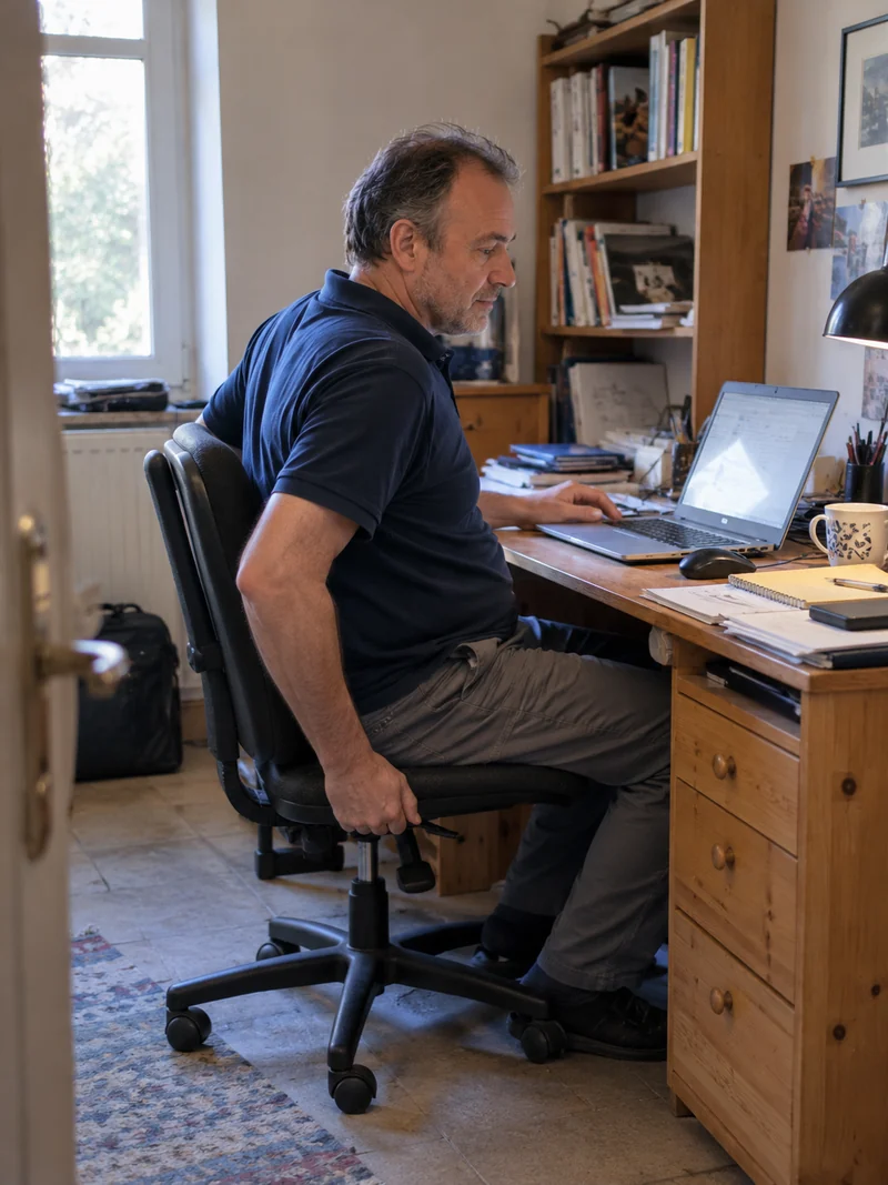 Un homme ajuste sa chaise devant son ordinateur à la maison