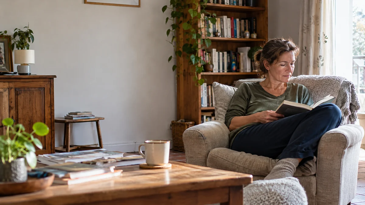 Une femme profite d’un moment de lecture dans son salon