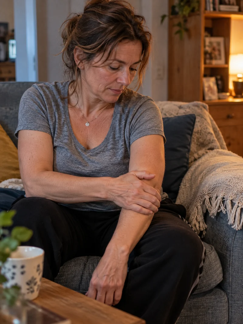 Une femme se masse doucement l’avant-bras sur son canapé