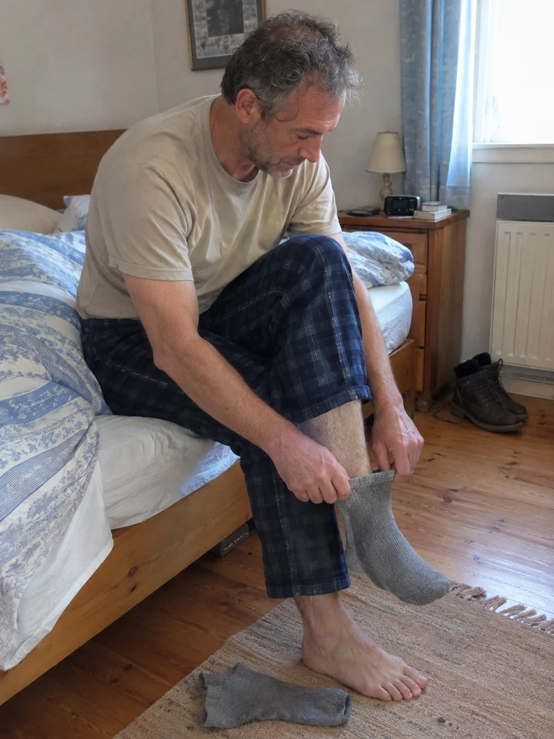 Un homme enfile une chaussette au bord de son lit