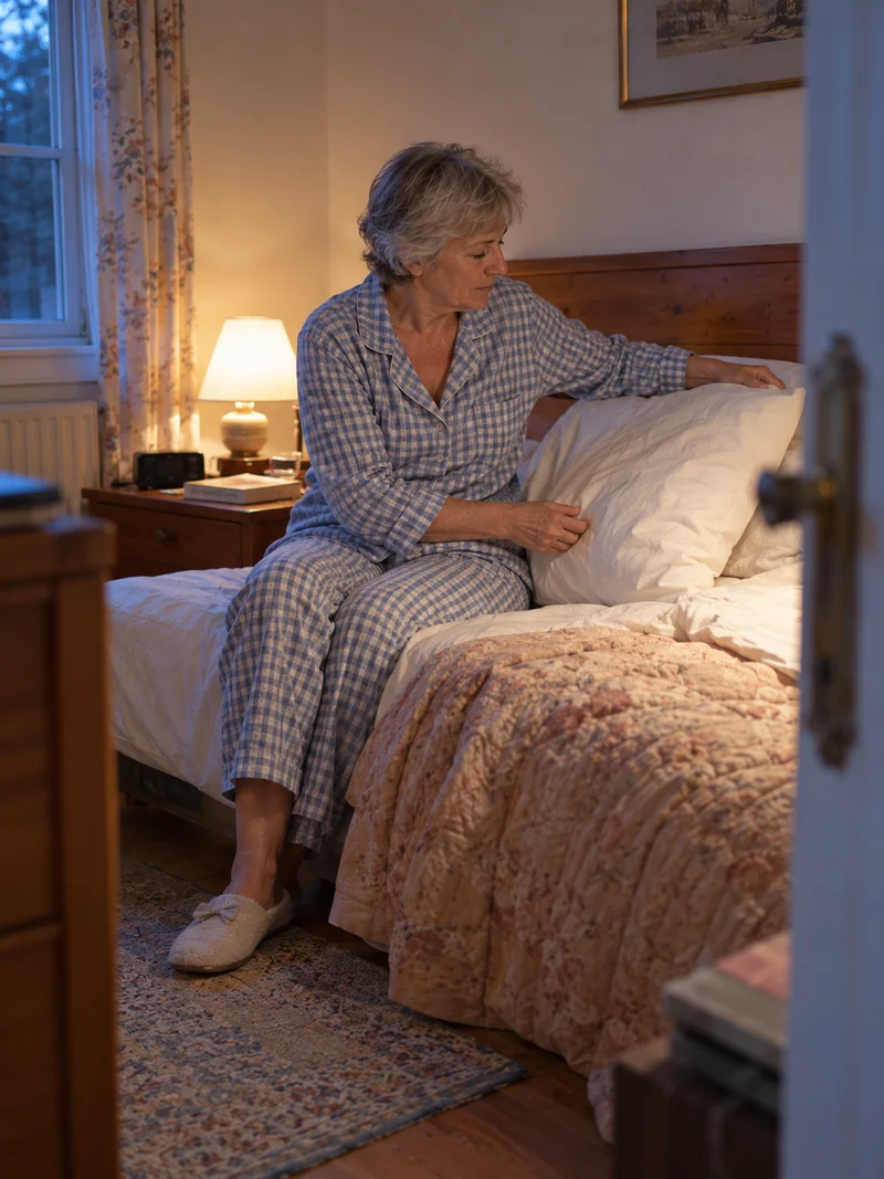 Une femme ajuste son oreiller dans sa chambre